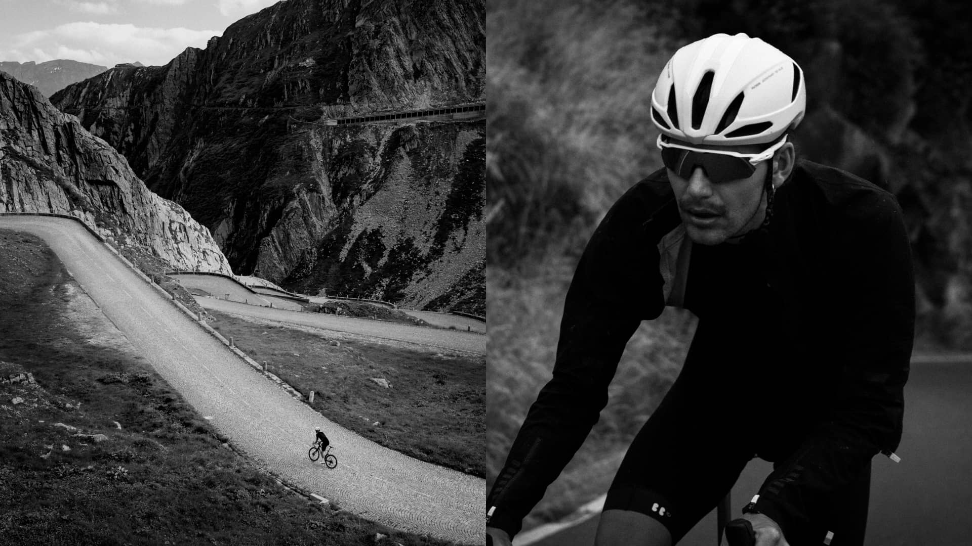 Cyclist Thorben on the cobblestone Tremola road at Gotthard Pass